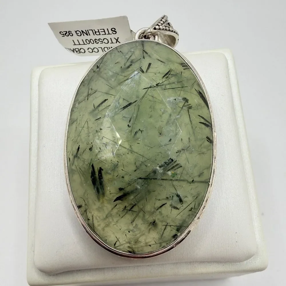 NWT 27x41mm MONSTER faceted/checkerboard‎ PREHNITE pendant in BALI 925!